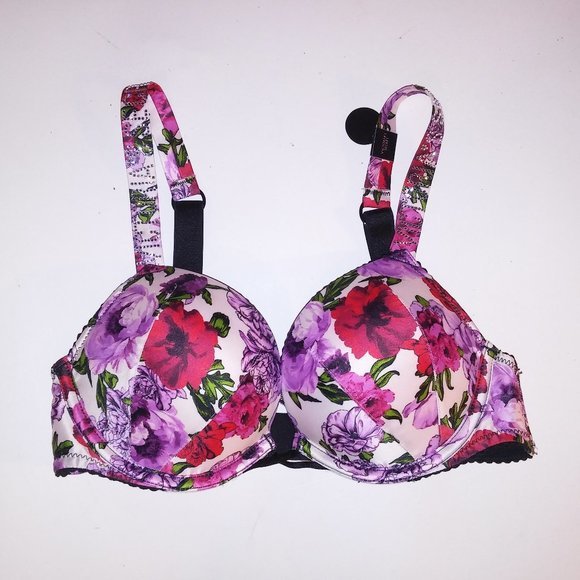 Victoria Secret Bra Bombshell Push Up Shine Strap Floral Logo Bling Adds 2 Cups‎